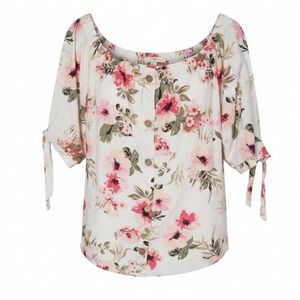 Full Circle Trends Off the Shoulder White Floral Blouse with Tie Sleeves 3X